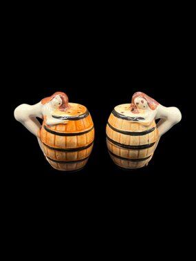 Vintage Barrel Hugger Ceramic Salt and Pepper Shakers Nude Women Japan